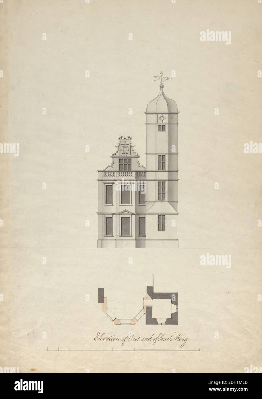 Cobham Hall, Kent: West Elevation of South Wing, James Wyatt, 1746–1813, British, ca. 1790, Graphit, Feder und schwarze Tinte und graue Wäsche auf mäßig dickem, mäßig strukturiertem, cremefarbenem Wove-Papier, Blatt: 19 5/8 × 14 1/8 Zoll (49.8 × 35.9 cm), architektonisches Motiv, Balkon, Erhebungen (Zeichnungen), Formgebung, Turm (Gebäudeabteilung), Windschaufeln, Cobham, Cobham Hall, England, Kent, Vereinigtes Königreich Stockfoto