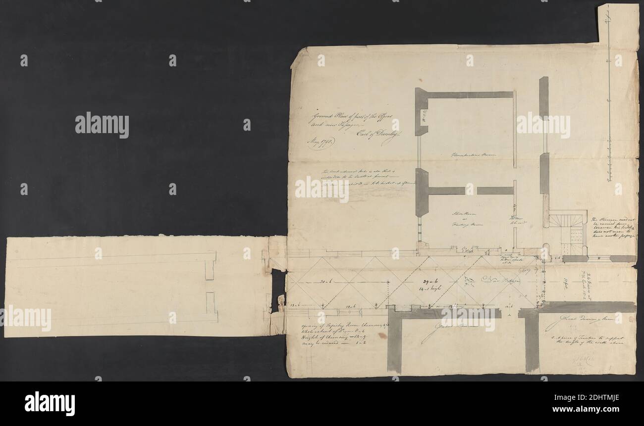 Cobham Hall, Kent: Ground Plan, James Wyatt, 1746–1813, British, 1798, Graphit, Feder und schwarze und braune Tinte auf mäßig dickem, mäßig strukturiertem, cremefarbenem Papier, Blatt: 22 5/8 x 21 3/4 cm (55.2 x 57.5 Zoll) und Blatt: 6 1/4 x 17 3/4 Zoll (15.9 x 45.1 cm), architektonisches Motiv, Türen, Salon, Salon, Grundrisse, Pläne (Zeichnungen), Treppe, Treppe, Wartezimmer Stockfoto