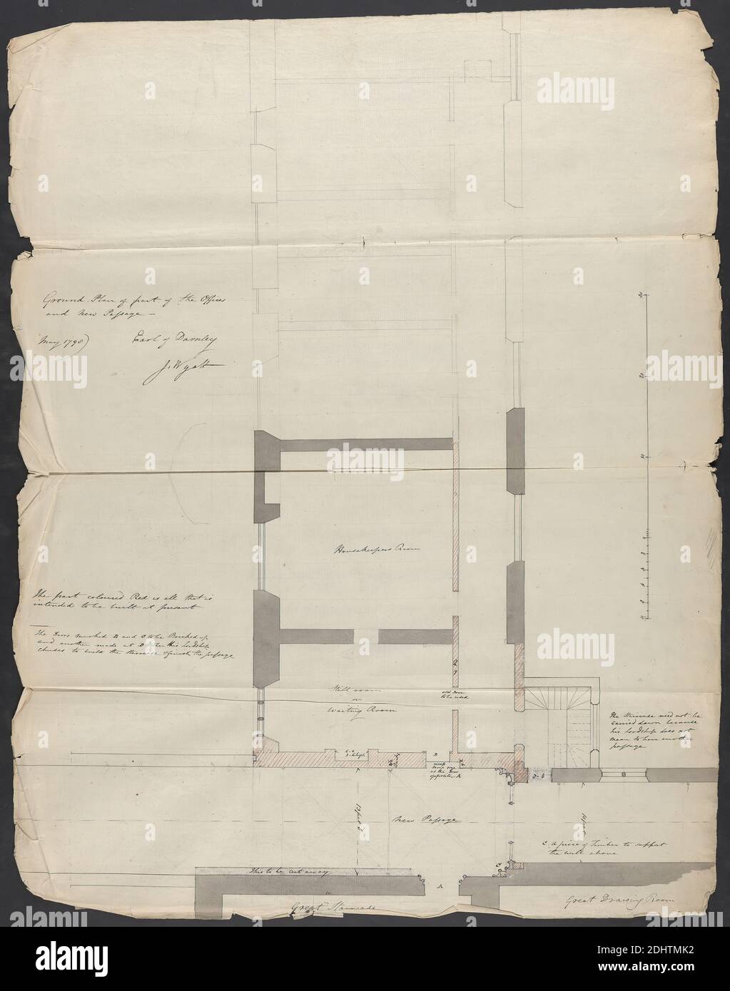 Cobham Hall, Kent: Grundriss eines Teils der Büros und New Passage, James Wyatt, 1746–1813, British, 1798, Graphite, Feder und schwarze Tinte und Grauwäsche auf mittlerem, mäßig strukturiertem, cremefarbenem Papier, Blatt: 27 1/2 x 21 1/2 Zoll (69.9 x 54.6 cm), Architekturmotiv, Zeichnungsräume, Pläne (Zeichnungen), Treppe, Cobham, Cobham Hall, England, Kent, Großbritannien Stockfoto