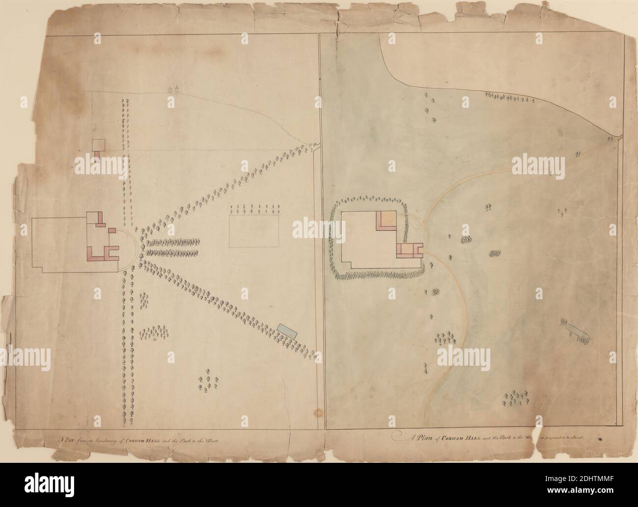 Ein Plan, von einer Augenuntersuchung der Cobham Hall und des Parks im Westen, und ein Plan der Cobham Hall und des Parks, wie vorgeschlagen, geändert zu werden, Humphrey Repton, 1752–1818, British, ca. 1790, Aquarell, Graphit und schwarze Tinte auf leicht strukturiertem, mäßig dickem, cremefarbenem Papier, Blatt: 21 1/4 × 29 Zoll (54 × 73.7 cm), architektonisches Motiv Stockfoto