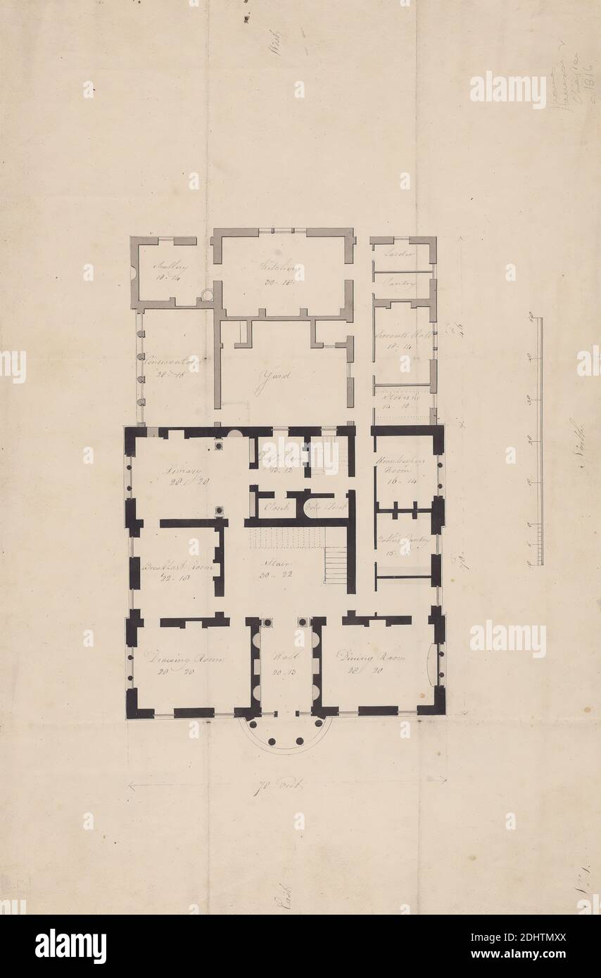 Design for Clifton Castle, Yorkshire: Ground Floor Plan, Thomas Harrison, 1744–1829, britisch, undatiert, Grau- und Grünwäsche mit Stift und schwarzer Tinte über Graphit; Grauwäsche mit Stift und schwarzer Tinte über Graphit auf leicht strukturiertem, mittlerem, cremefarbenem Webepapier, Blatt: × × 20.3 cm (7 17.8 8 Zoll), architektonisches Motiv Stockfoto