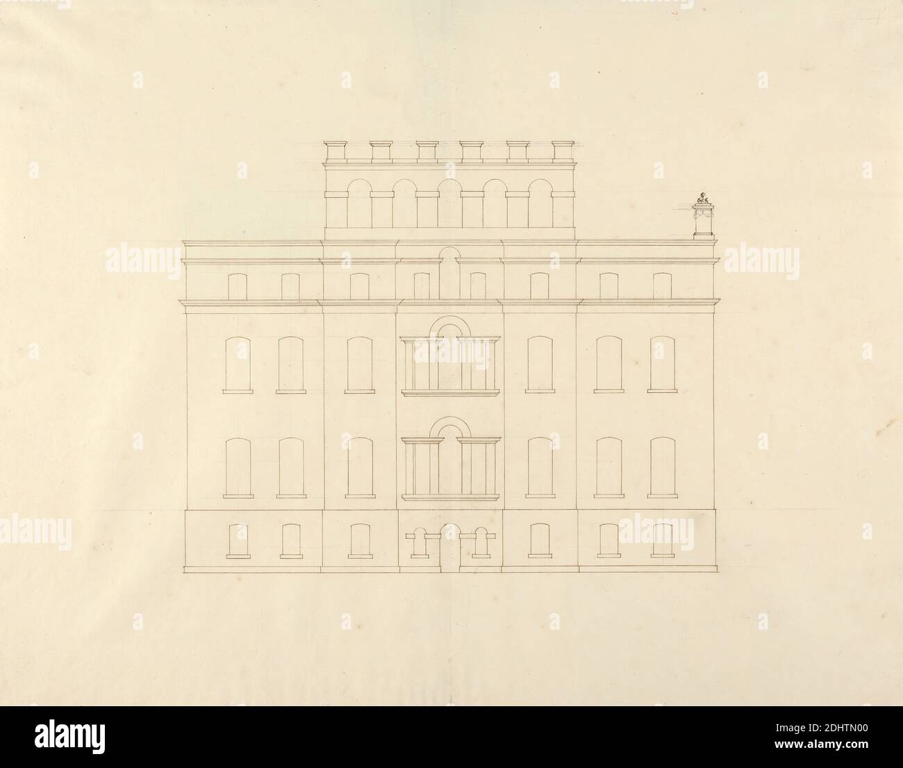 Kings Weston, Bristol: Garden Front Elevation, Sir John Vanbrugh, 1664–1726, Großbritannien, ca. 1710, Stift und braune Tinte mit Graphit auf Medium, leicht strukturiert, weißes Gewebtes Papier im Maßstab von 1/8 Zoll bis 1 Fuß, Blatt: 14 9/16 x 18 1/8 Zoll (37 x 46 cm), architektonisches Motiv, Barock, Landhaus, Palladian, Bristol Stockfoto