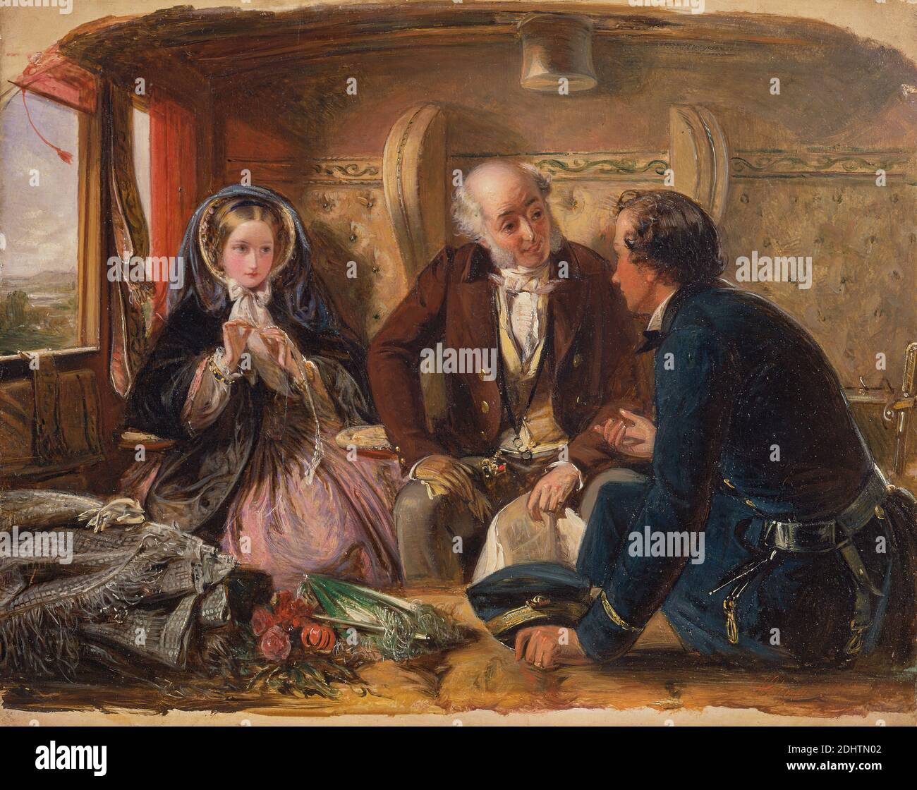 First Class – Das Meeting. "Und beim ersten Treffen geliebt.", Abraham Solomon, 1824–1862, Britisch, 1855, Öl auf Platte, Unterstützung (PTG): 8 x 10 Zoll (20.3 x 25.4 cm), Haube, capote, Kostüm, Tochter, ältere Menschen, Familie, Vater, Blumen (Pflanzen), Genre Thema, Kleid, Treffen, Männer, Offizier (Administrator), Romantik, Zug, Transport, Reisen, Hosen, Uniform, Fenster, Frau Stockfoto
