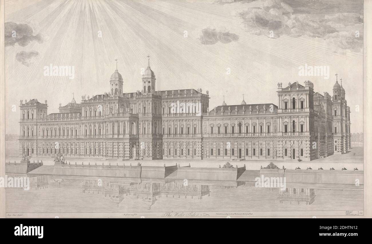 Palace of Whitehall - The Water Side, nach Inigo Jones, 1573–1652, British, und Edward Rooker, 1724–1774, British, und Pierre Charles Canot, ca. 1710–1777, französisch, in Großbritannien aktiv, 1748, Gravieren auf mäßig dickem, leicht strukturiertem, cremefarbenen, gedeckten Papier, Blatt: 22 9/16 × 38 5/16 Zoll (57.3 × 97.3 cm) und Bild: 22 1/8 × 36 9/16 Zoll (56.2 × 92.9 cm) Stockfoto