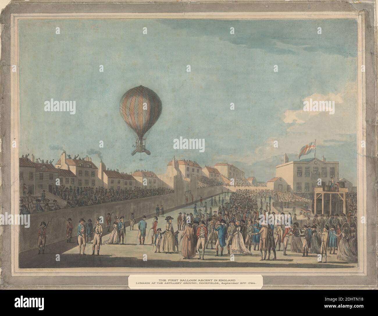 Die erste Ballonbesteigung in England, September 1784, aus der Artillerie Boden, Moorfields, Francis Jukes, 1747–1812, Briten, nach unbekannten Künstler, ( Brewer ), c. 1784, handkolorierte Radierung, Blatt: 14 7/8 x 20 1/4 Zoll (37.8 x 51,4 cm), Fernglas, Prisma, Stadt, Menschenmenge, Wachen, Heißluftballon, Plattform, Union Jack Stockfoto
