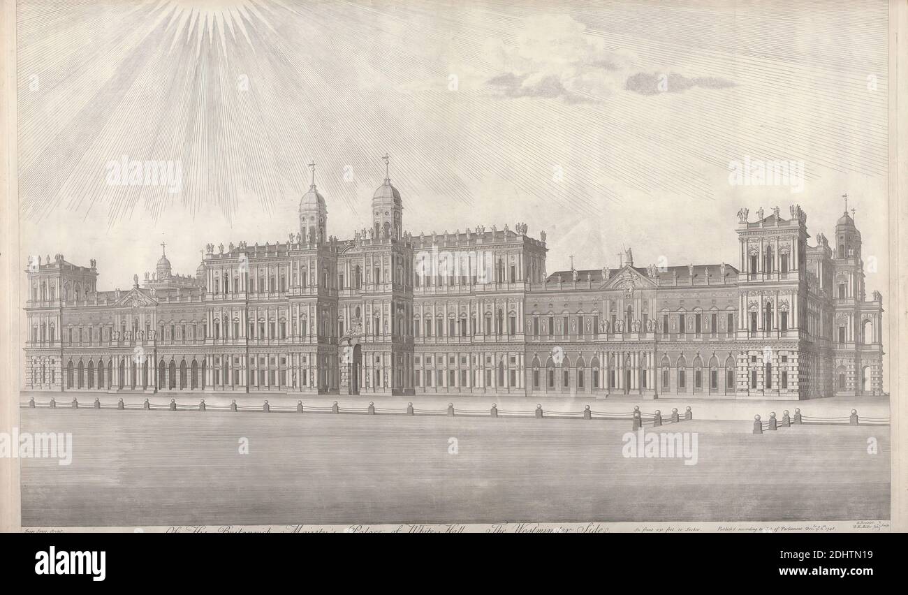 Palace of Whitehall - The Westminster Side, Guillaume Philippe Benoist, 1725–ca. 1770, französisch, nach Inigo Jones, 1573–1652, britisch, 1748, Gravieren auf mäßig dick, leicht strukturiert, creme, gelegt Paer, Blatt: 22 1/2 × 38 5/16 Zoll (57.2 × 97.3 cm) und Bild: 21 7/8 × 36 1/2 Zoll (55.6 × 92.7 cm) Stockfoto