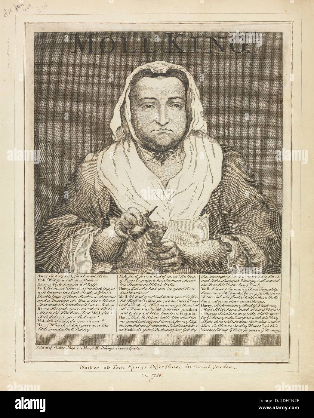 Moll King (Broadside Graved Portrait of the notorious Mistress of King's Coffee-House in Covent Garden...), unbekannter Künstler, achtzehnten Jahrhundert, undated, Gravur Stockfoto