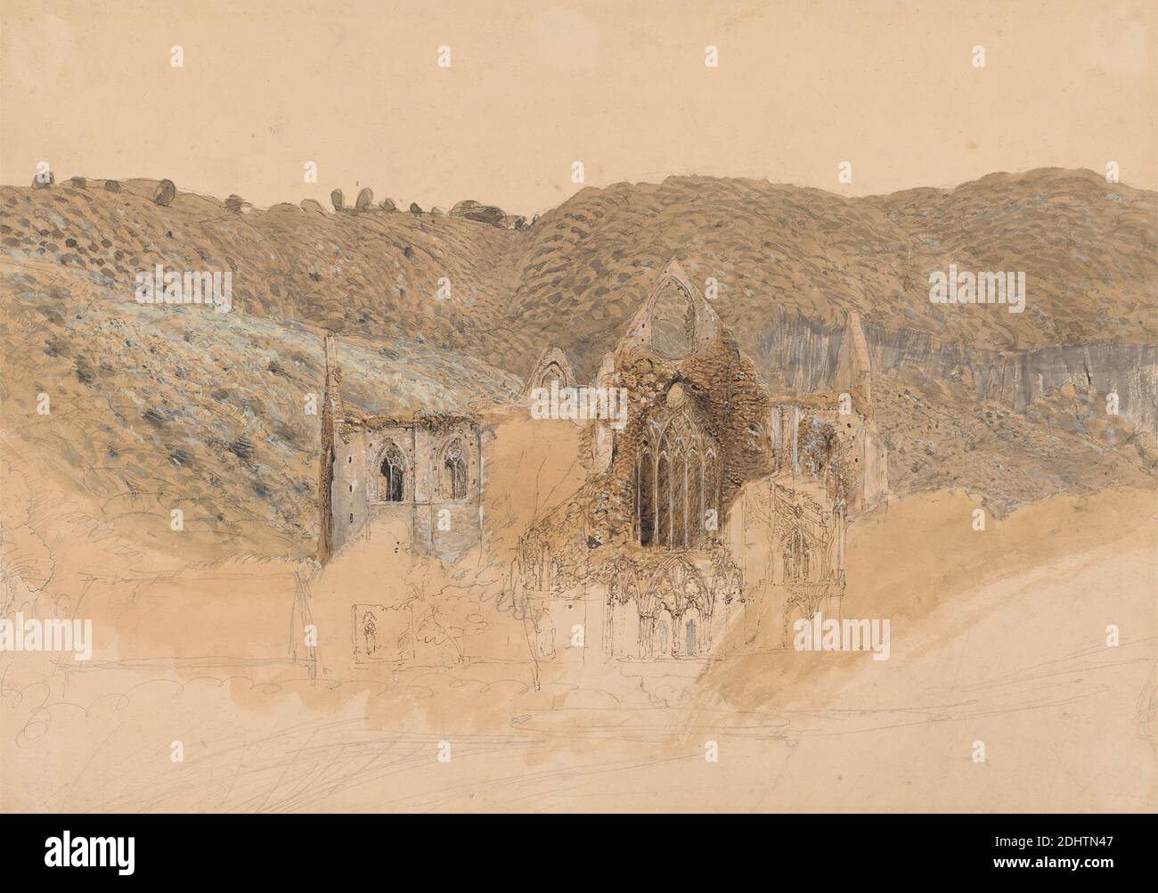 Tintern Abbey, Samuel Palmer, 1805–1881, britisch, tätig in Italien (1837–39), 1835, Aquarell, Gouache, Feder und braune Tinte und Graphit auf mittlerem, glattem, cremefarbenem Papier, Blatt: 10 3/8 x 14 3/4 cm (37.5 x 26.4 Zoll) und Rahmen: 23 1/4 x 30 x 1 Zoll (59.1 x 76.2 x 2,5 cm), Abtei, architektonisches Thema, Gotik (Mittelalter), Mittelalter, Ruinen, Cymru, Europa, Monmouthshire, Tintern Abbey, Vereinigtes Königreich, Wales Stockfoto