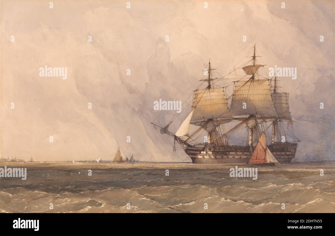 Coast Scene with Shipping, Charles Bentley, 1806–1854, britisch, undatiert, Aquarell und Feder und braune Tinte über Graphit, mit Auskratzen auf schwerem, mäßig strukturiertem, gewobenen Papier, Blatt: 9 1/4 × 14 5/8 inches (23.5 × 37.1 cm), Boot, Wolken, Meereskunst, Sturm, Wellen (Naturereignisse), Wellen (Naturereignisse Stockfoto