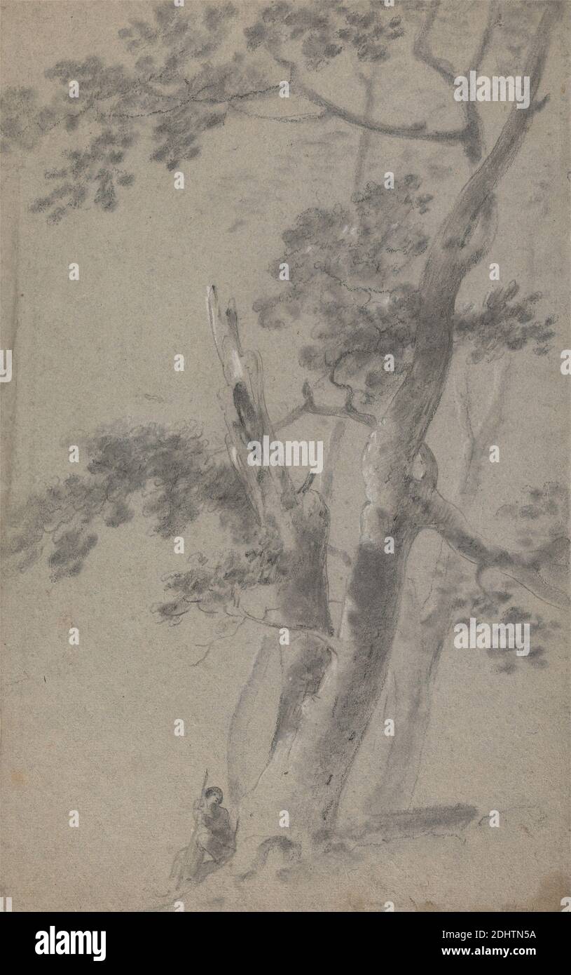Shepherd Seated Under a Tree, Richard Wilson RA, 1714–1782, britisch, aktiv in Italien (1750–56), undatiert, Schwarze Kreide und weiße Kreide auf Medium, raue Struktur, blau gemachtes Papier, Halterung: 18 x 12 cm (30.5 x 45.7 Zoll) und Blatt: 15 3/4 x 9 7/8 Zoll (40 x 25.1 cm), Landschaft, sitzend, Hirte, Stab (Gehstock), Baum Stockfoto