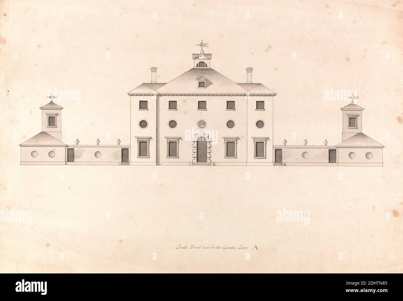 Whitton Place, Middlesex: Elevation of the Garden Front, Roger Morris, 1695–1749, britisch, zwischen 1732 und 1739, Graphit, Stift und schwarze Tinte, und Grauwäsche auf Medium, leicht strukturiert, cremefarbenes Papier auf einer Skala von 1/10 Zoll bis 1 Fuß, Blatt: 12 3/8 x 18 Zoll (31.4 x 45.7 cm), architektonisches Motiv, Landhaus, Middlesex Stockfoto