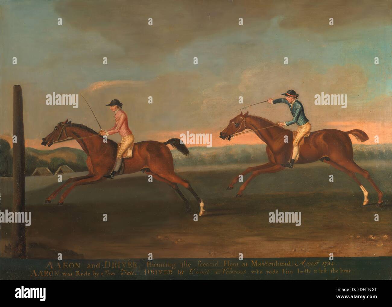 The Match between Aaron and Driver at Maidenhead, Aug. 1754: Aaron gewinnt den zweiten Heat, Richard Roper, aktiv 1749–1765, britisch, ca. 1754, Öl auf Leinwand, Support (PTG): 35 x 48 Zoll (88.9 x 121.9 cm), Hosen, Zaum, Reiter, Feld, Jockeys, Landschaft, Männer, Porträt, Rennen, Reitstiefel, Sattel, Strümpfe, Peitsche, Berkshire, England, Maidenhead, Vereinigtes Königreich Stockfoto