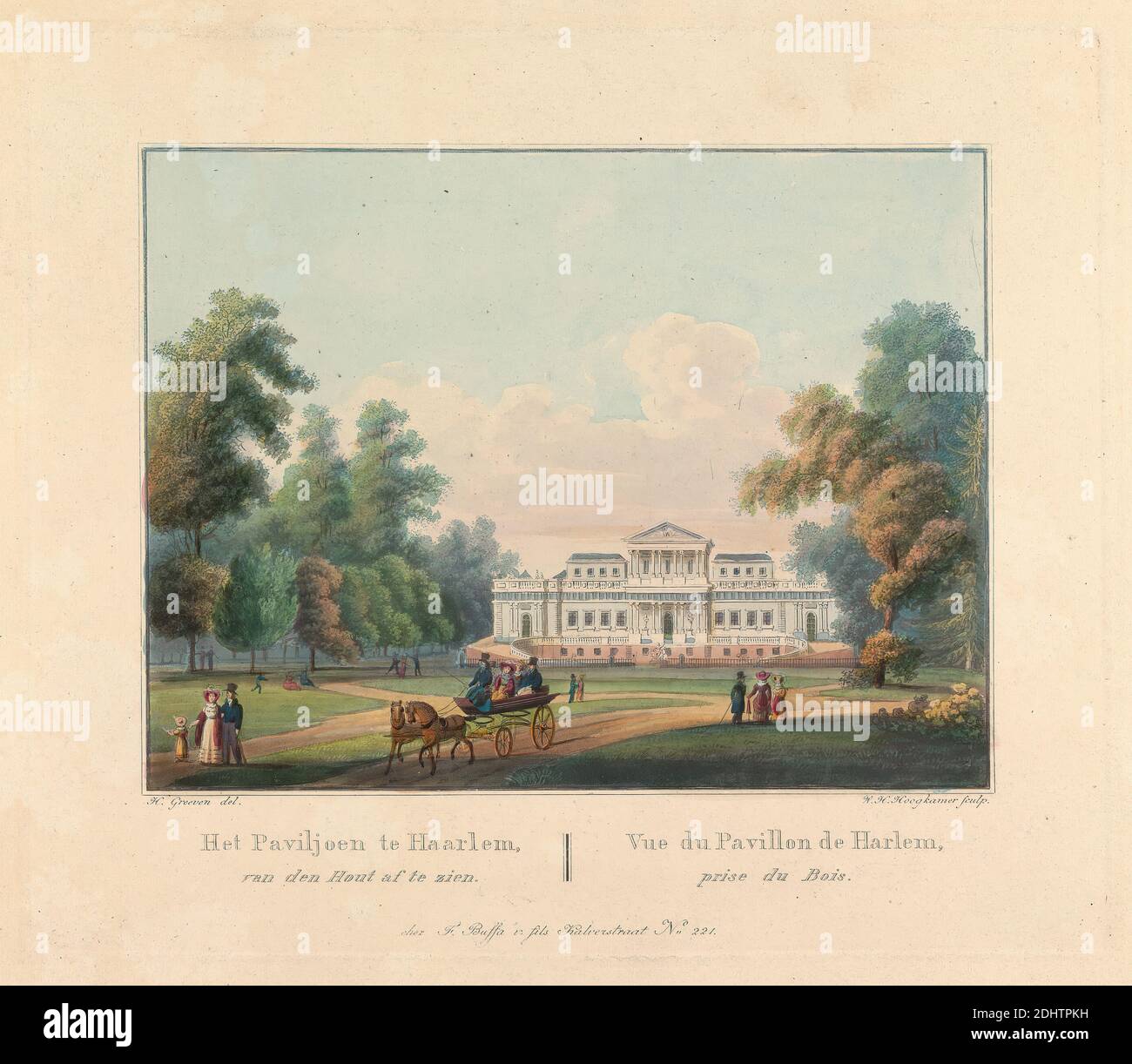 Willkommen:Vue du Pavillon de Harlem Pry du Bois, William H. Hoogkamer, 1790–1864, undatiert, farbige Gravur auf leicht strukturiertem, mäßig dickem, cremefarbenen Papier, Blatt: 1/2 × 10 13/16 cm (9 × 24.1 27.5 Zoll), Platte: 5/8 × 22.9 cm (7 × 19.4 9 Zoll) und Bild: 5 3/8 × 7 Zoll (13.7 × 17.8 cm), architektonisches Motiv Stockfoto