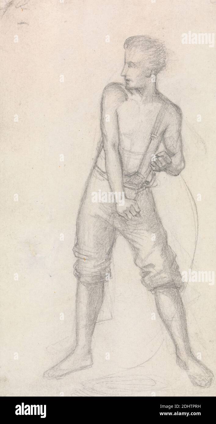 Studie einer Jugend, Sir John Everett Millais, 1829–1896, britisch, undatiert, Graphit auf Medium, leicht strukturiert, cremefarbenes Wove-Papier, Blatt: 6 3/4 x 3 3/4 Zoll (17.1 x 9.5 cm), Figurenstudie, Genresubjekt, Jugend Stockfoto