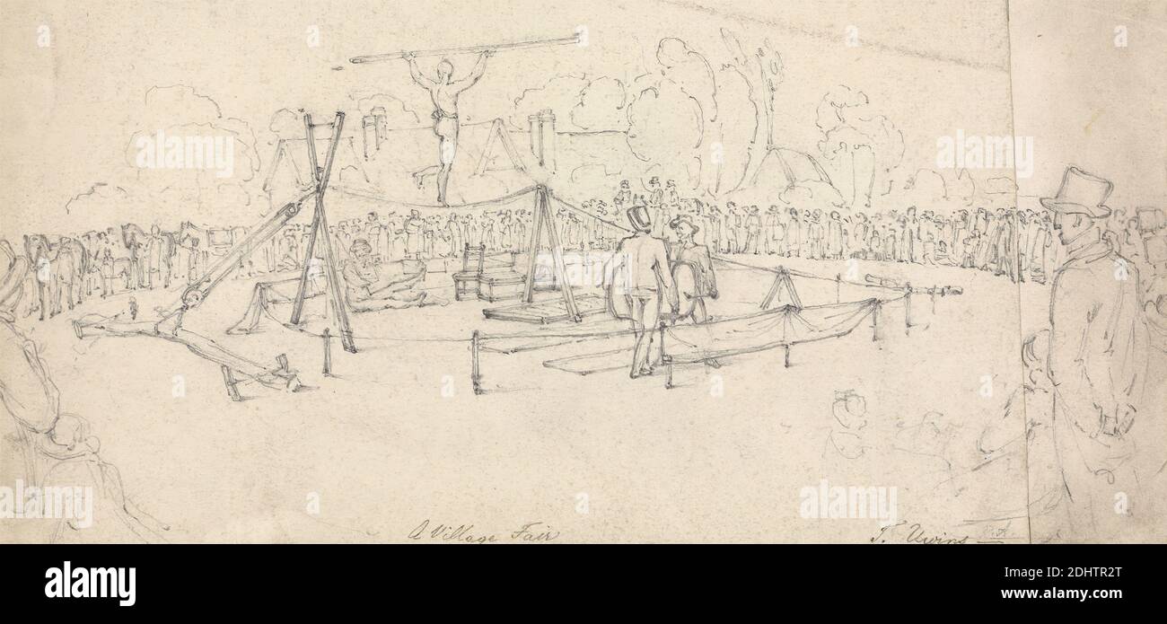 A Village Fair, Thomas Uwins, 1782–1857, britisch, undatiert, Graphit auf Medium, mäßig strukturiert, cremefarbenes Wove-Papier, Blatt: 4 7/8 × 10 5/16 Zoll (12.4 × 26.2 cm), Akrobaten, fair, Genre-Thema Stockfoto