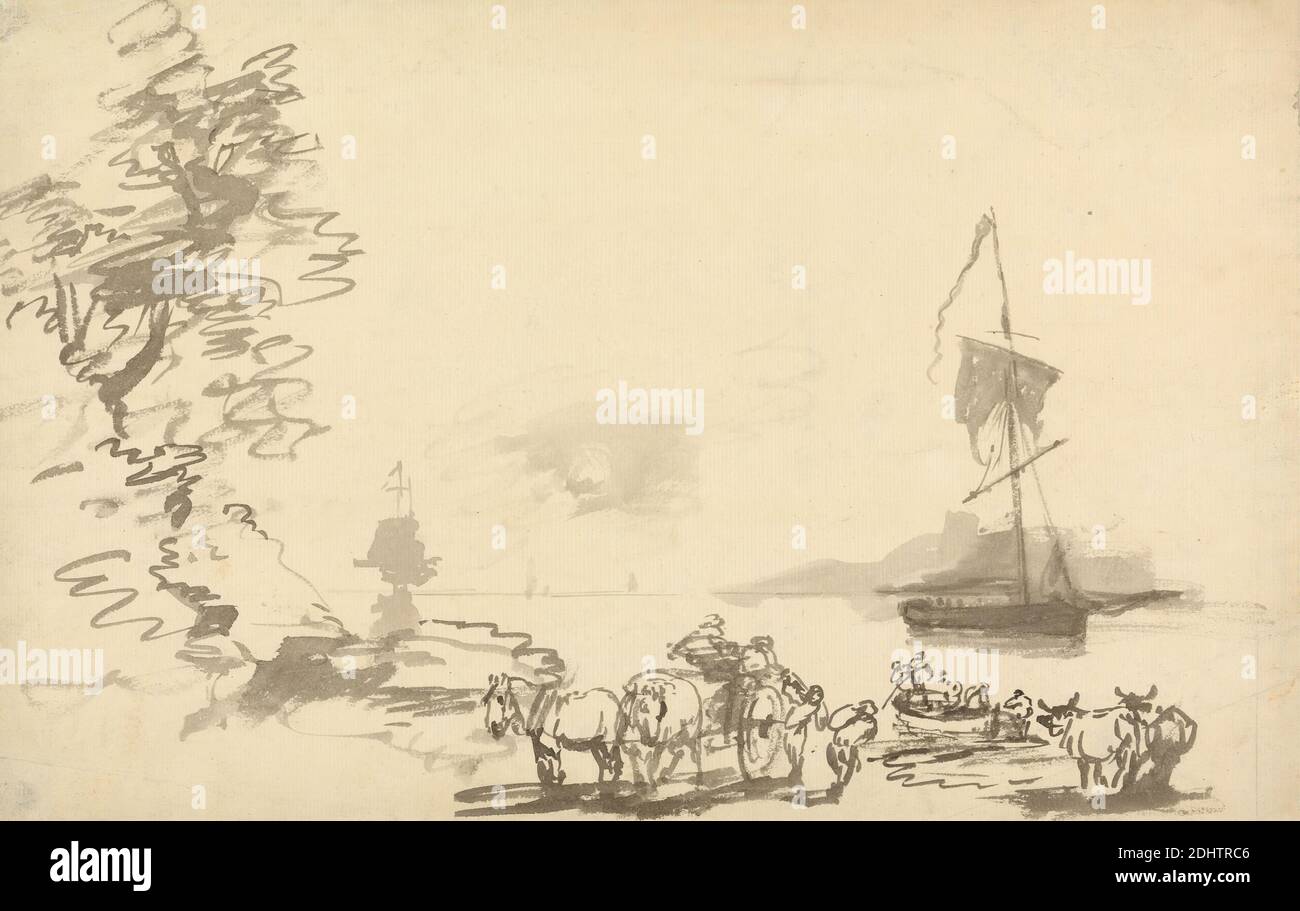 Shore Study, Nicholas Pocock, 1740–1821, britisch, undatiert, Grauwäsche auf Medium, leicht strukturiert, cremefarbenes Papier, Blatt: 9 5/8 × 15 Zoll (24.4 × 38.1 cm Stockfoto