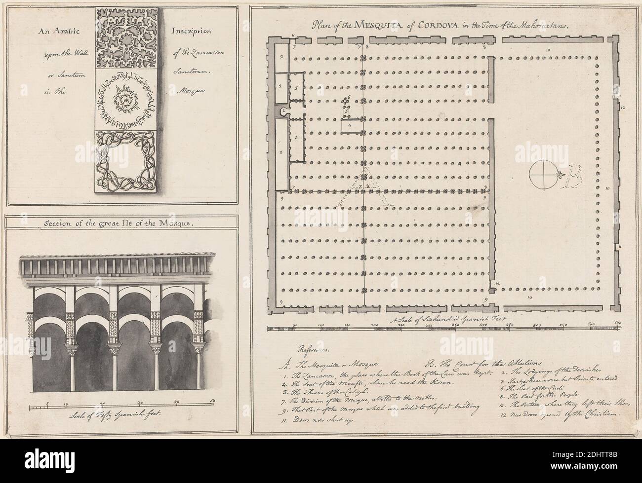 Plan der Mesquita von Cordova, Henry Swinburne, 1743–1803, britisch, 1775 bis 1776, Feder und schwarze Tinte, graue Tinte, schwarze Wäsche, graue Wäsche und Graphit auf Medium, mäßig strukturiert, creme, getuschenes Papier, montiert auf mäßig dick, mäßig strukturiert, creme, gewebt Papier, Halterung: 11 1/8 × 16 7/16 Zoll (28.3 × 41.8 cm) und Blatt: 8 3/8 × 12 3/16 Zoll (21.3 × 31 cm Stockfoto