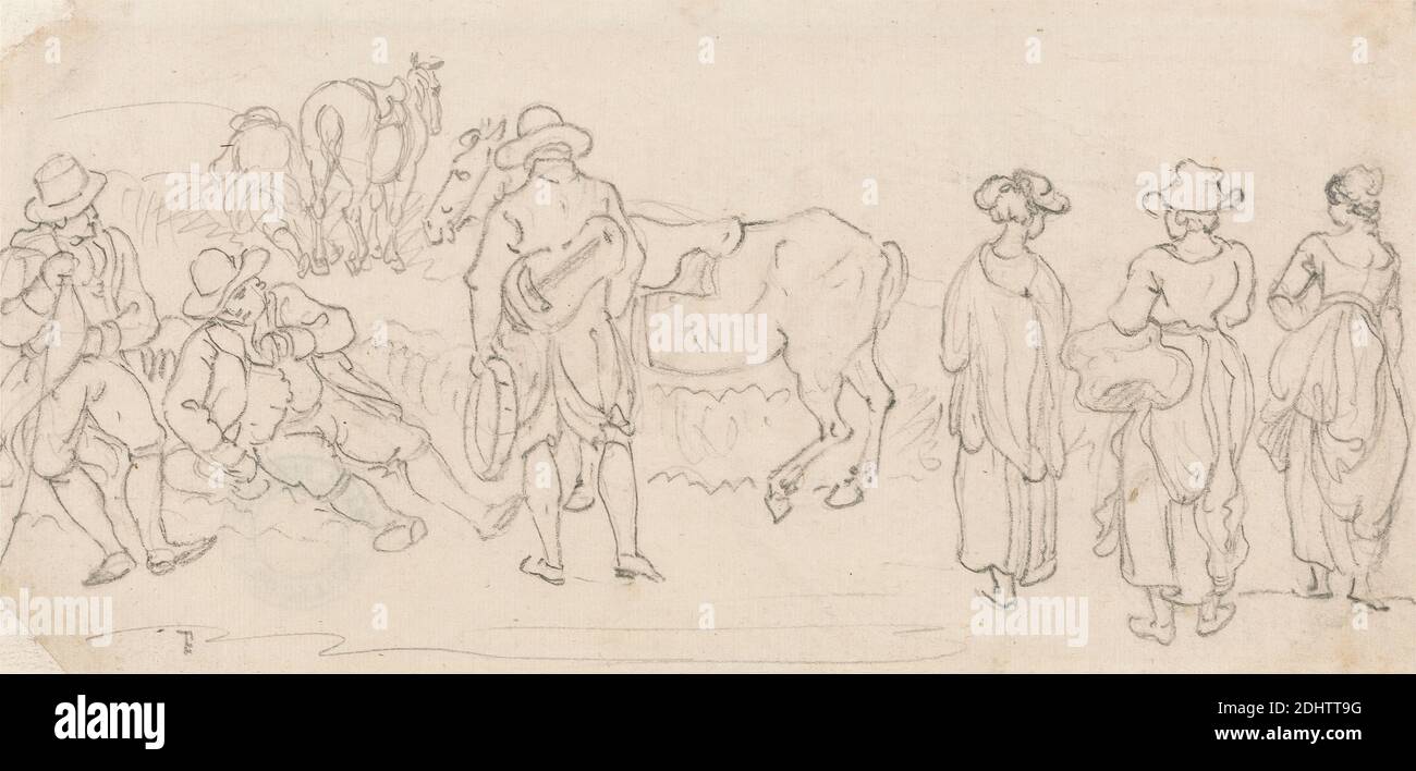 Figur mit Laute und Tamburin, mit anderen Figuren: Männer ruhen, Landfrauen, Pferde, etc., Paul Sandby RA, 1731–1809, britisch, undatiert, Graphit auf Medium, cremefarbenes Papier, Blatt: 3 3/8 x 7 Zoll (8.6 x 17.8 cm), Land (ländliche Landschaft), Figurenstudie, Figuren, Genrethema, Pferd (Tier), Laute, Männer, Musikinstrumente, Ruhe, Tamburin, Frauen Stockfoto