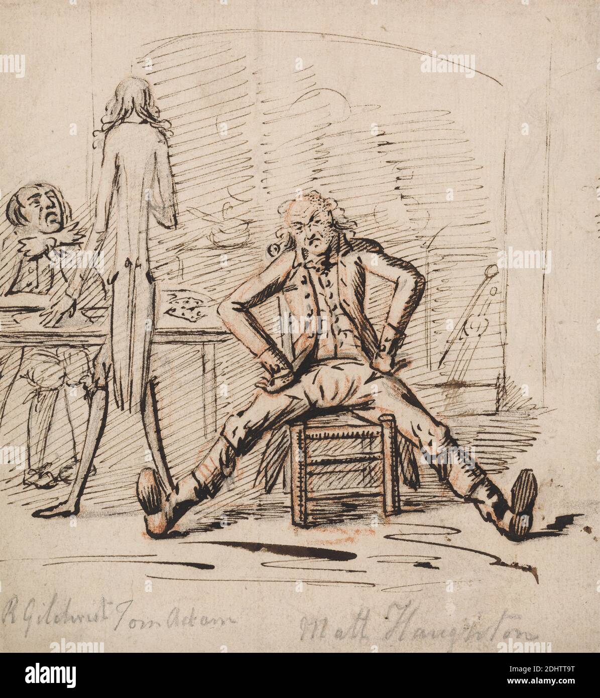 Drei Männer in einem Raum: Gilchrist an einem Tisch sitzend, Tom Adam stehend, von hinten gesehen, und Matt Haughton sitzende Beine ausgebreitet und Arme Akimbo vor einem Feuer, George Shepheard, ca. 1770–1842, britisch, undatiert, schwarze Tinte, braune Tinte, Graphit und rote Kreide auf Medium, leicht strukturiert, cremefarbenes Papier, Blatt: 6 7/8 × 6 1/4 Zoll (17.5 × 15.9 cm), Stuhl, Feuer, Genremotiv, Innenraum (Raum), Tisch, Zange, Feuer Stockfoto