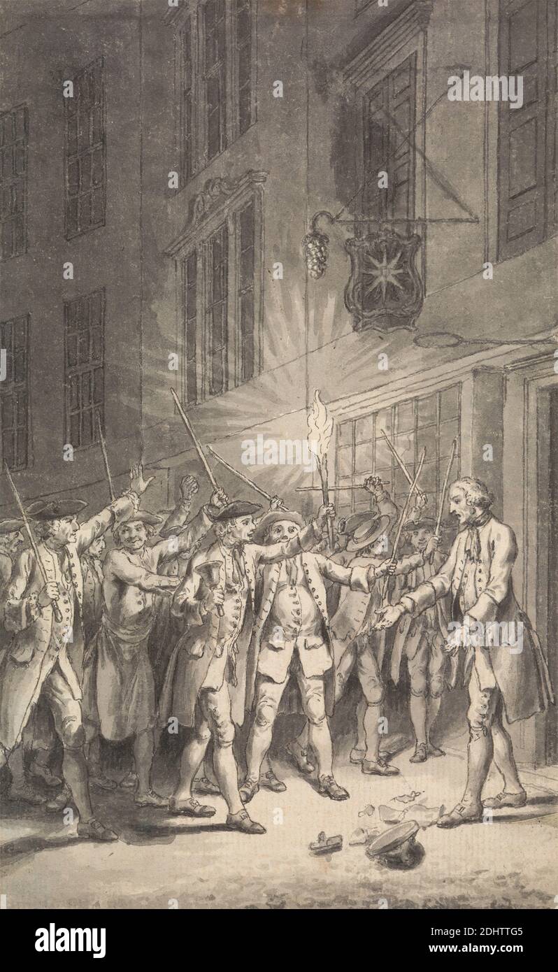The Mob assembled to Pull Down the Bawdy House, gehalten von Peter Wood in the Strand, Samuel Wale RA, 1721–1786, britisch, undatiert, Grauwäsche mit Stift und schwarzer Tinte auf Medium, leicht strukturiert, cremefarbenes Papier, Blatt: 6 3/8 × 3 15/16 Zoll (16.2 × 10 cm), Angriff, Bawdy Häuser, Bordell, Feuer, Genre Thema, Mobs, England, Europa, London, Großbritannien, Westminster Stockfoto