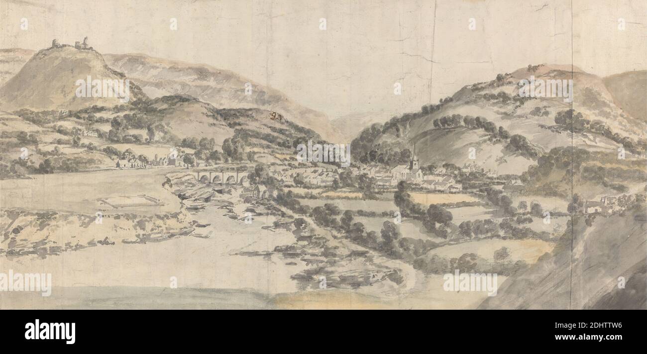 The Vale of Llangollen, Peter Tillemans, 1684–1734, Flämisch, in Großbritannien aktiv (ab 1708), undatiert, Aquarell und Graphit auf Medium, leicht strukturiert, cremefarbenes Papier, Blatt: 11 1/2 × 22 3/4 cm (29.2 × 57.8 Zoll) Stockfoto