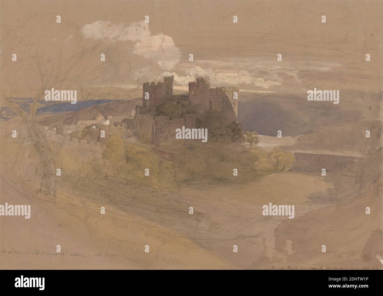 Conway Castle, Samuel Palmer, 1805–1881, britisch, tätig in Italien (1837–39), 1836, Graphit, Aquarell, Gouache und Stift und braune Tinte auf mittlerem, glattem, braunem Wove-Papier auf schwerer Karte, Blatt: 12 3/4 x 17 7/8 cm (45.4 x 32.4 Zoll) und Rahmen: 23 1/4 x 30 x 1 Zoll (59.1 x 76.2 x 2,5 cm), Architekturmotiv, Architektur, Schloss, Burg, Landschaft, Mittelalter, Aberconwy und Colwyn, Conway, Conwy, Conwy Castle, Cymru, Europa, Vereinigtes Königreich, Wales Stockfoto
