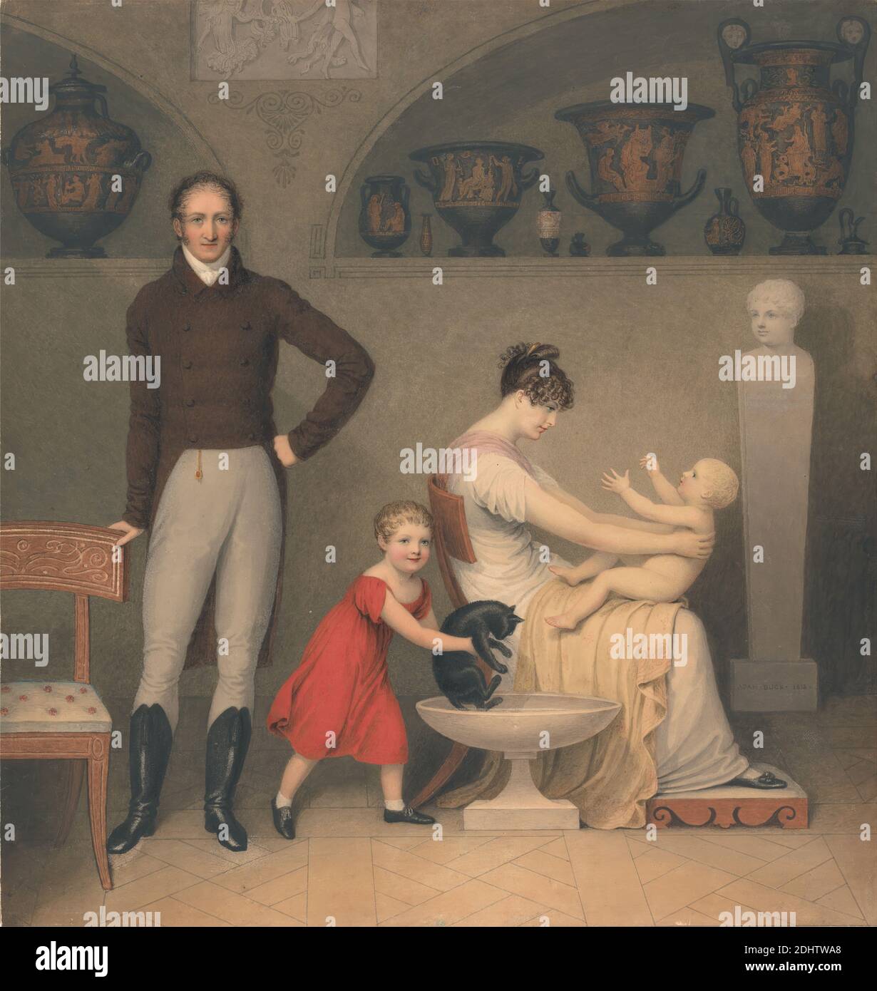 The Artist and His Family, Adam Buck, 1759–1833, British, 1813, Aquarell, Feder und schwarze Tinte, graue Tinte, braune Tinte und Graphit, mit Gummi arabisch und Kratzen auf Medium, leicht strukturiert, beige, Papier, aufgezogen, sehr dick, leicht strukturiert, beige, gewebt, Karton, Blatt: 17 9/16 × 16 11/16 Zoll (44.6 × 42.4 cm), Hochformat Stockfoto