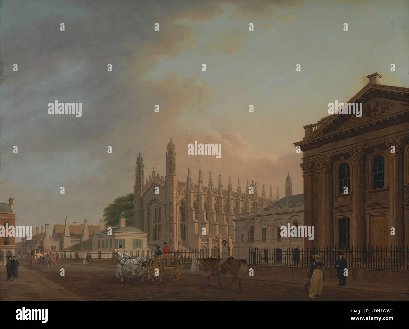 King's Parade, Cambridge, Thomas Malton der Jüngere, 1748–1804, britisch, zwischen 1798 und 1799, Öl auf Leinwand, Stütze (PTG): 37 1/2 x 50 Zoll (95.3 x 127 cm), Architektur, Architektur-- Griechische Wiederbelebung, Gebäude, Kapital (Spalte Komponente), Kutsche, Kathedrale, Stadtbild, Zaun, Genre Thema, Gig, Kopfbedeckung, Pferd (Tier), Straße, Stadt, Transport, Trihorn, Schmiedeeisen, Cambridge, Cambridgeshire, England, Vereinigtes Königreich Stockfoto