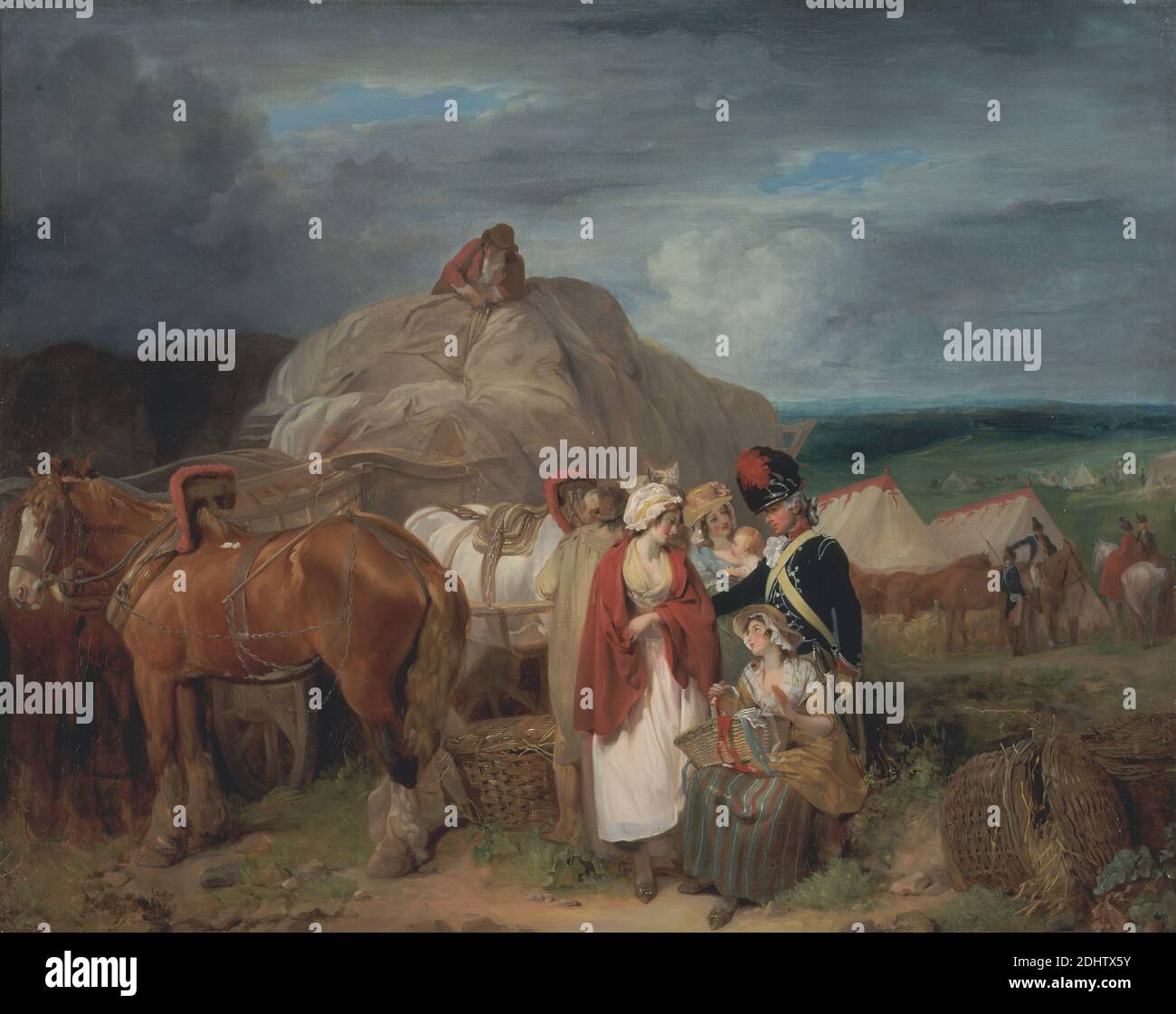 Soldat mit Country Women Selling Ribbons, Near a Military Camp, Francis Wheatley, 1747–1801, British, 1788, Öl auf Leinwand, Support (PTG): 40 x 50 Zoll (101.6 x 127 cm), Körbe, Wagen, Kostüm, Genre Thema, Pferde (Tiere), Landschaft, Militärlager, Bänder, Verkauf, Soldat, Zelte, Frauen Stockfoto