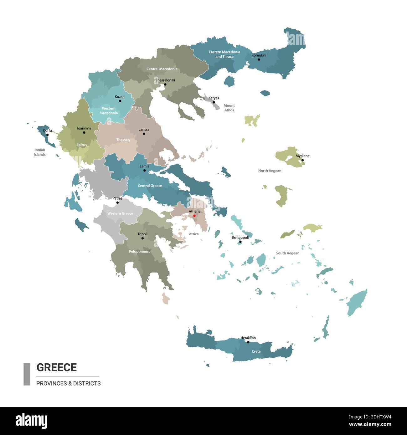 Griechenland Higt Detailkarte mit Unterteilungen. Verwaltungskarte von Griechenland mit Bezirken und Stadtnamen, farbig nach Staaten und Verwaltungsbezirk Stock Vektor