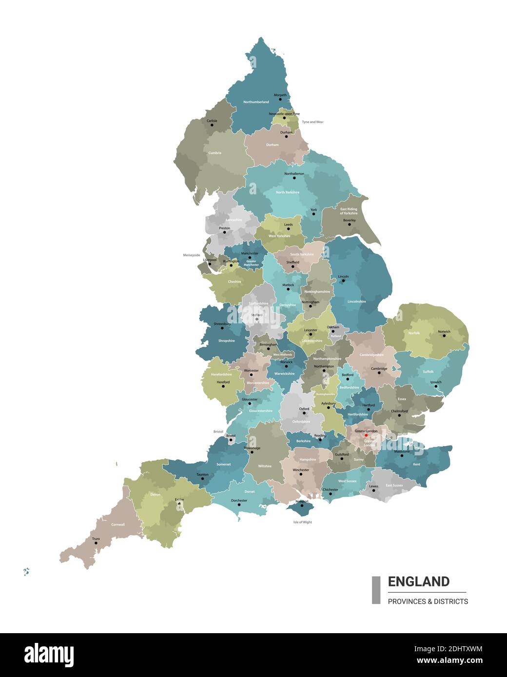 England hat detaillierte Karte mit Unterteilungen. Verwaltungskarte von England mit Bezirken und Stadtnamen, farbig nach Bundesstaaten und Verwaltungsdistrikt Stock Vektor