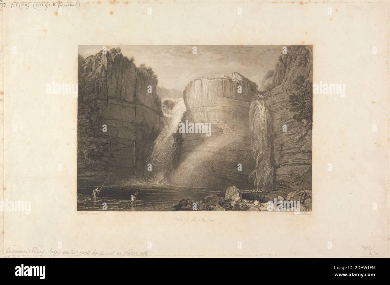 Egglestone Abbey, bei Barnard Castle, Thomas Higham, 1796–1844, britisch, nach Joseph Mallord William Turner, 1775–1851, britisch, 1818-1823, Strichgravur und Radierung, Kupferstichproof auf mäßig dickem, leicht strukturiertem, cremefarbenem, gewobenen Papier, mit Creme, Chine colle, Blatt: 13 1/4 × 19 1/2 Zoll (33.7 × 49.5 cm), Platte: 10 15/16 × 17 1/2 Zoll (27.8 × 44.5 cm), Chine collé: 10 1/2 × 17 1/4 Zoll (26.7 × 43.8 cm) und Bild: 7 3/8 × 10 5/8 Zoll (18.7 × 27 cm) Stockfoto