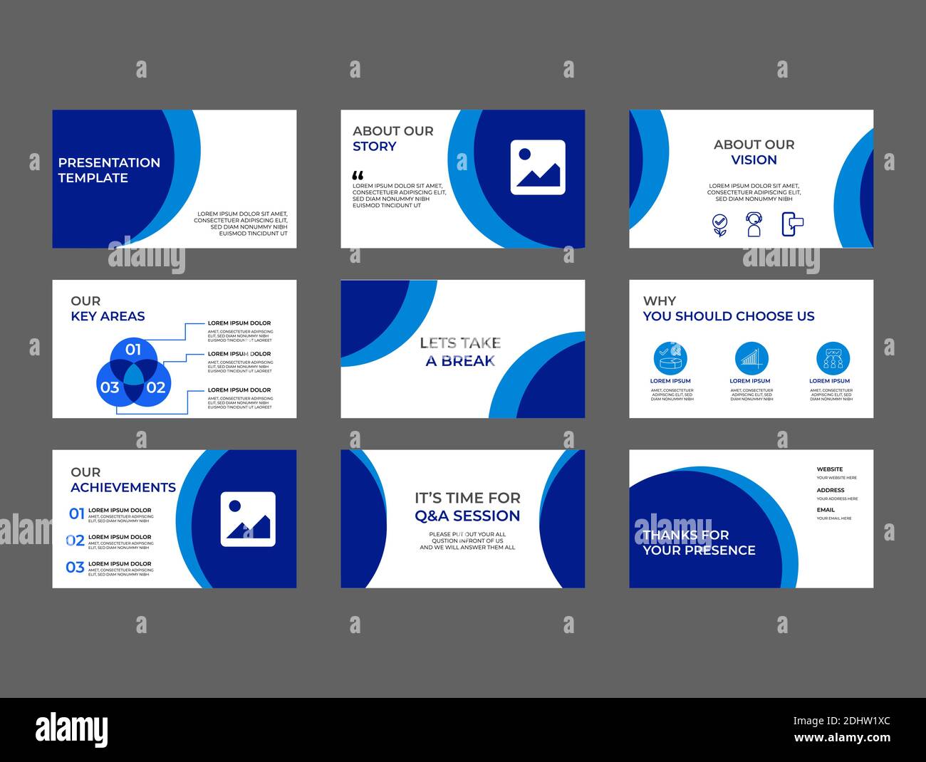 Unternehmensinvestition Präsentation, Pitch Decks Vektor Vorlage. Abstrakt Blau Präsentation Folie Design, Info Grafik Vektor Banner Template Set Stock Vektor