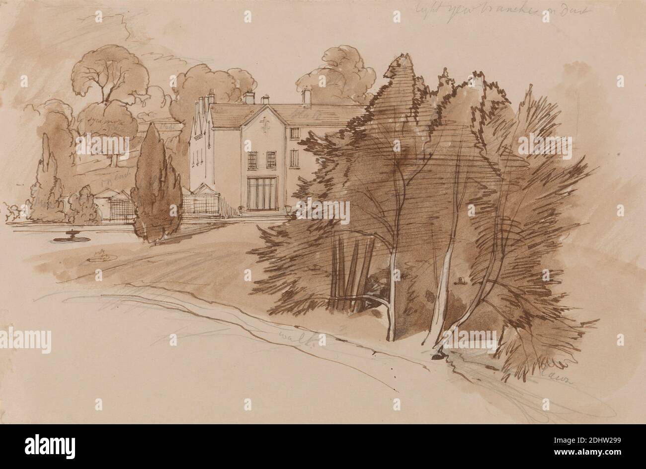 Manor (Knowsley Lane?), Edward Lear, 1812–1888, britisch, undatiert, Feder und braune Tinte, braunes Wasch und Graphit auf mäßig dickem, leicht strukturiertem, beigefarbenem Papier, Blatt: 3/8 x 5/8 cm (6 16.2 x 9 24.4 inches), architektonisches Motiv, Schornstein (architektonisches Element), Brunnen, Landschaft, Herrenhäuser, Straße, Platanenbäume, Bäume, Fenster Stockfoto