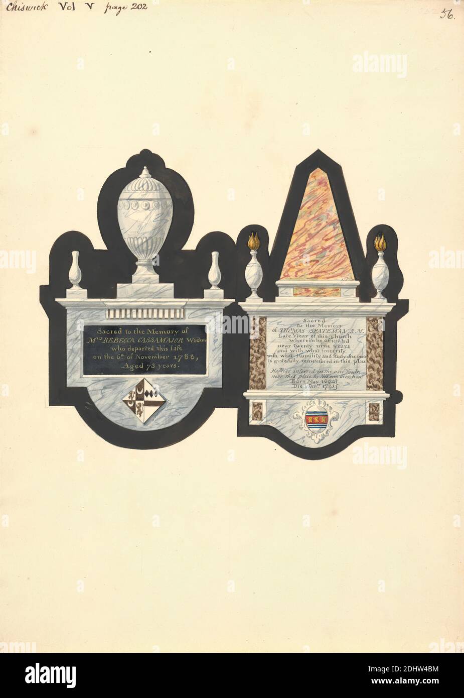 Monuments to Mrs. Rebecca Cassamajor and Thoma Spateman, Chiswick Church, Daniel Lysons, 1762–1834, British, between 1796 and 1811, Aquarell, Graphit, and Pen and black ink on mäßig dick, slightly textured, Cream wove paper, Sheet: 14 7/8 × 10 3/4 Zoll (37.8 × 27.3 cm), architektonisches Motiv, historisches Motiv, Denkmal, Chiswick Church, England, Europa, London, Vereinigtes Königreich Stockfoto
