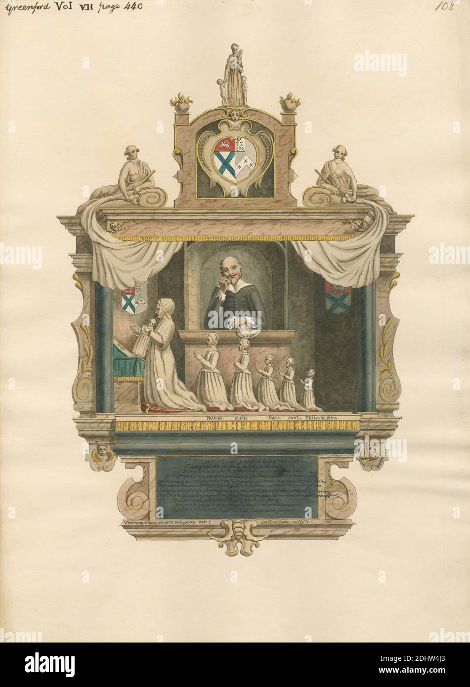 Memorial to Bridget Carr and her Children John, Frances, Mary, Jane, Anne and Philadelphia from Greenford Church, zugeschrieben Daniel Lysons, 1762–1834, britisch, zwischen 1796 und 1811, Stift und schwarze Tinte, Aquarell und Gouache über Graphit auf mittlerem, leicht strukturiertem, cremefarbenem Wove-Papier, Blatt: 14 3/4 × 10 3/4 Zoll (37.5 × 27.3 cm), architektonisches Motiv, Kirche, Denkmal, England, Greater London, Greenford, London, Parish of Greenford Magna, Großbritannien Stockfoto