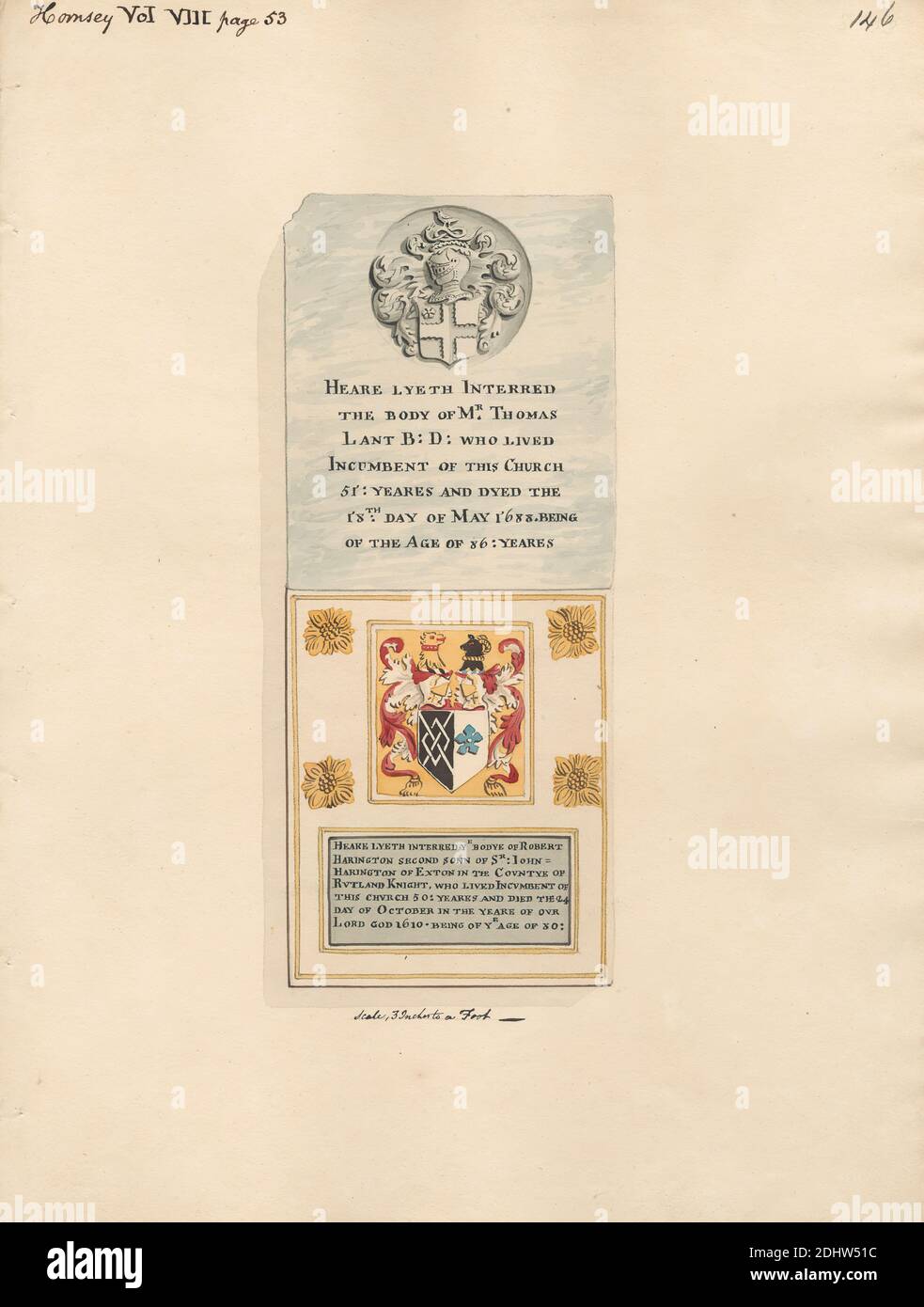 Denkmal für Thomas Lant auch für Robert Harington von der Hornsey Church, zugeschrieben Daniel Lysons, 1762–1834, britisch, zwischen 1796 und 1811, Feder und schwarze Tinte, Aquarell und Gouache über Graphit auf mittlerem, leicht strukturiertem, cremefarbenem Wove-Papier, Blatt: 14 1/4 × 10 5/8 Zoll (36.2 × 27 cm), architektonisches Motiv, Kirche, Denkmal, England, Greater London, Hornsey, Hornsey Parish Church, London, Großbritannien Stockfoto