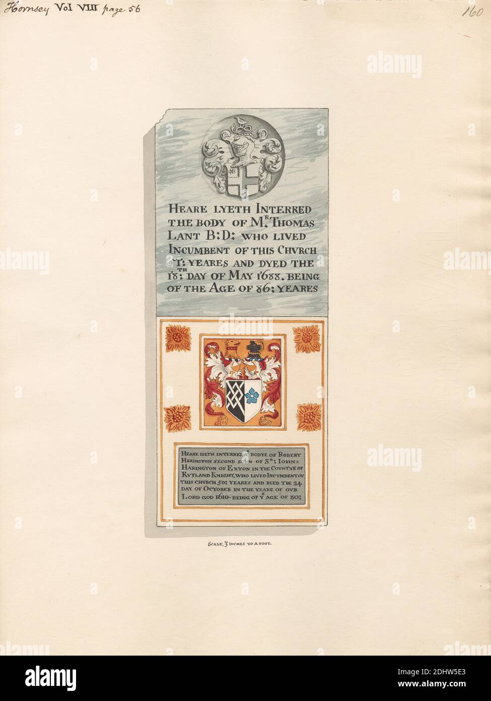 Gedenkstätte an Herrn Thomas Lant auch an Herrn Robert Harington von der Hornsey Church, zugeschrieben Daniel Lysons, 1762–1834, britisch, zwischen 1796 und 1811, Feder und schwarze Tinte, Aquarell und Gouache über Graphit auf mittlerem, leicht strukturiertem, cremefarbenem Wove-Papier, Blatt: 14 1/2 × 10 7/8 Zoll (36.8 × 27.6 cm), architektonisches Motiv, Kirche, Denkmal, England, Greater London, Hornsey, Hornsey Parish Church, London, Großbritannien Stockfoto