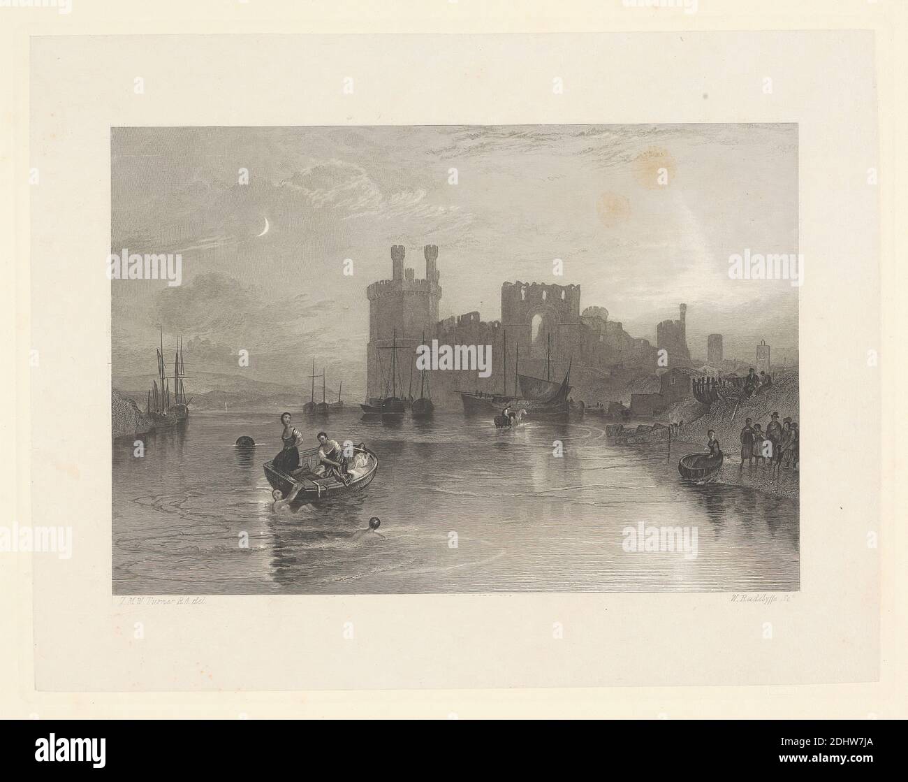 Caernarvon Castle, Wales, William Radclyffe, 1780–1855, britisch, nach Joseph Mallord William Turner, 1775–1851, britisch, 1827-1838, Linienstich, Erstveröffentlichung Zustand Stockfoto