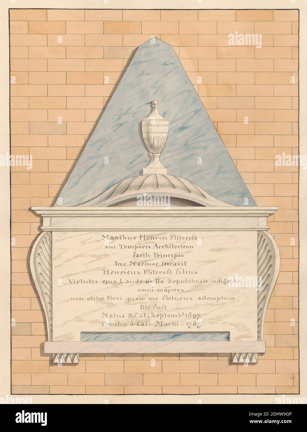 Memorial to Henry Flitcroft from Teddington Church, Daniel Lysons, 1762–1834, British, between 1796 and 1811, Pen and black and watercolor over graphite on Medium, slightly textured, Cream wove paper, Sheet: 14 7/8 × 10 5/8 Zoll (37.8 × 27 cm), architektonisches Motiv, Kirche, Denkmal, England, Greater London, London, Teddington, Teddington Parish Church, Großbritannien Stockfoto