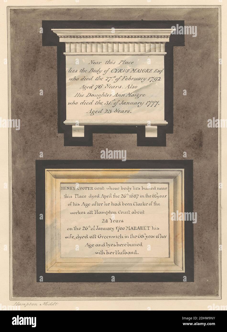 Memorials to Cyrus Maigre, Ann Maigre and Henry and Margaret Cooper from Hampton Church, Daniel Lysons, 1762–1834, British, between 1796 and 1811, Pen and black ink and watercolor over graphite on Medium, slightly textured, Cream wove paper, Sheet: 14 7/8 × 10 5/8 Zoll (37.8 × 27 cm), architektonisches Motiv, Kirche, Denkmal, England, Greater London, Hampton, London, St. Mary's Parish Church, Großbritannien Stockfoto