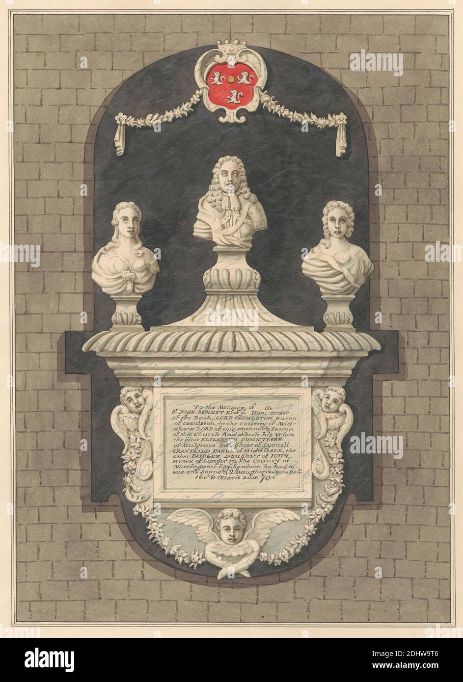 Denkmal für Sir John Benet und seine Frauen Elizabeth und Bridget aus Harlington Church, Daniel Lysons, 1762–1834, britisch, zwischen 1796 und 1811, Feder und schwarze Tinte, Aquarell und Gouache über Graphit auf mittlerem, leicht strukturiertem, cremefarbenem Papier, Blatt: 14 7/8 × 10 3/4 Zoll (37.8 × 27.3 cm), architektonisches Motiv, Kirche, Denkmal, Church of St. Peter & St. Paul, England, Greater London, Harlington, London, Großbritannien Stockfoto