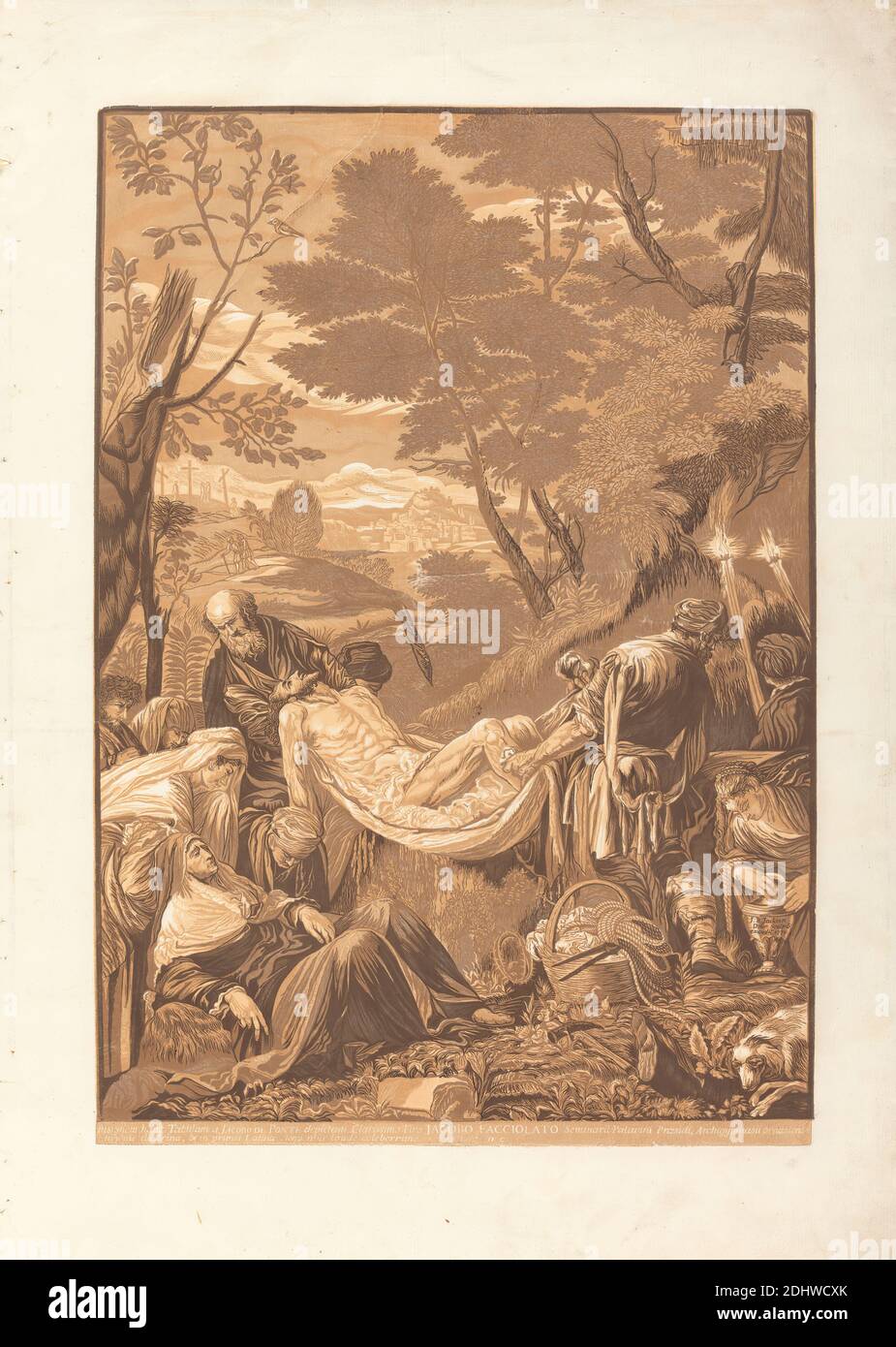 The Entombment, John Baptist Jackson, 1701–1780, britisch, nach Jacopo Bassano, 1510–1592, italienisch, 1739, Holzschnitt Chiaroscuro, Blatt: 27 x 19 (68.6 x 48,9 cm Stockfoto