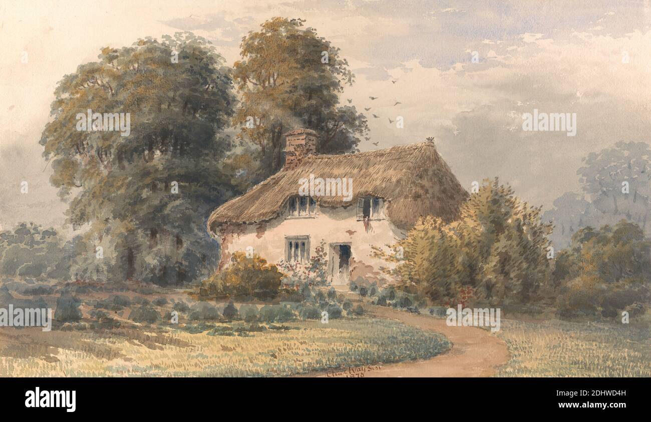 Country Cottage, Charles Wayson, aktiv 1870, 1870, Aquarell auf sehr dickem, mäßig strukturiertem, cremefarbenem Wove-Papier, Blatt: 11 × 19 Zoll (27.9 × 48.3 cm), architektonisches Motiv Stockfoto