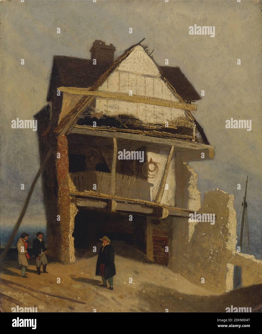 Ruined House, John Sell Cotman, 1782–1842, britisch, zwischen 1807 und 1810, Öl auf Mühlbrett, montiert auf Platte, Unterstützung (PTG): 16 1/2 x 13 3/4 Zoll (41.9 x 34.9 cm), architektonisches Thema, Boot, Haus, Mast, Männer, Ruinen, Wand, England, Great Yarmouth, Norfolk, Großbritannien Stockfoto