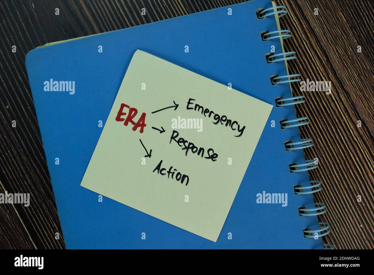 ERA - Notfallmaßnahmen Schreiben Sie auf Haftnotizen isoliert auf Holztisch. Stockfoto