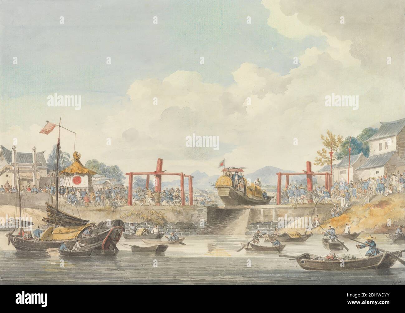 Barges der Botschaft, die von einem Kanal zum anderen auf ihrem Weg von Han-Tcheou-Foo nach Tchu-San aufgezogen werden, 16. November 1793, William Alexander, 1767–1816, Britisch, 1793, Aquarell und Graphit auf mittlerem, leicht strukturiertem, cremefarbenem Wove-Papier, Blatt: 10 7/16 x 14 5/8 Zoll (26.5 x 37.1 cm), Schiffe, Boote, Gebäude, Kanal, chinesische Architektur, Stadtbild, Menschenmenge, Botschaft, Flaggen, Genre Thema, Häuser, Reise, Dschunken, Landschaft, Männer, Berge, Pavillon (Gartenstruktur), Fluss, Sampans, Seeleute, Reisen, Asien, China, Ningbo, Zhejiang Stockfoto