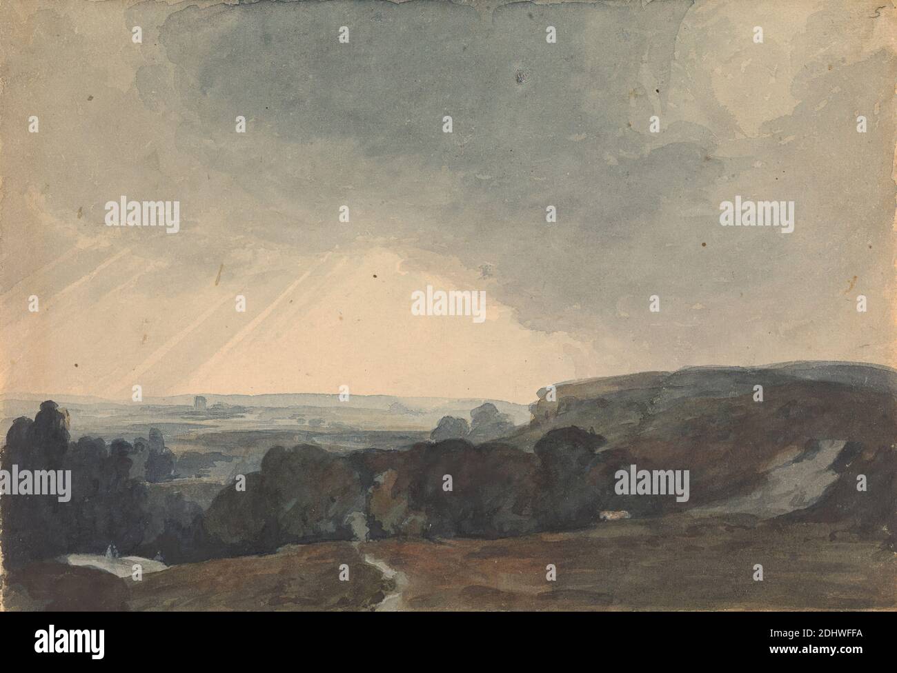 Landschaftsszene von Hilltop, Blick in Sunlit Valley, Thomas Sully, 1783–1872, amerikanisch, undatiert, Aquarell und Gouache auf Medium, leicht strukturiert, beige, gewobene Papier, Blatt: 6 × 8 13/16 Zoll (15.2 × 22.4 cm Stockfoto