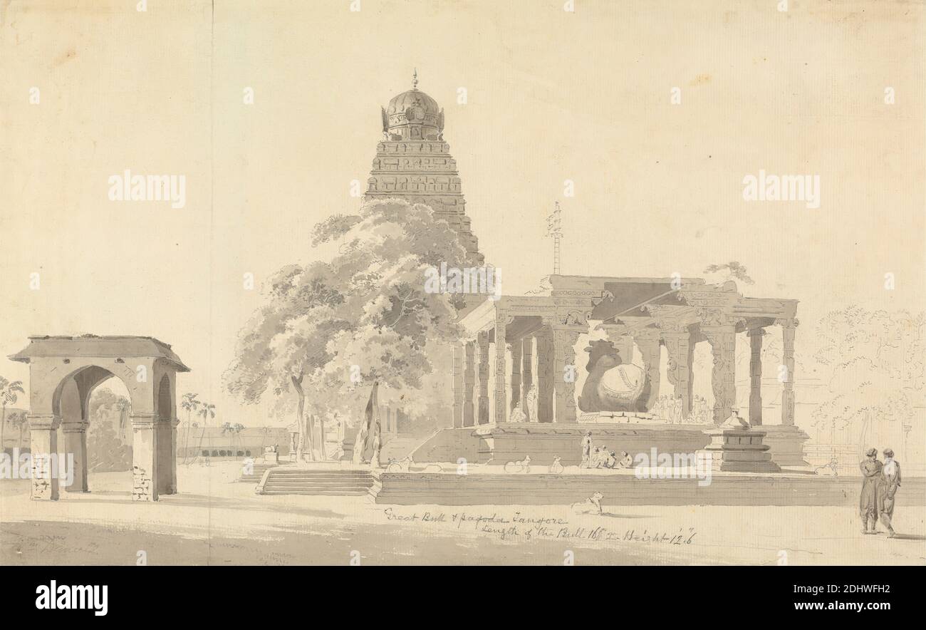 The Great Bull and Pagoda at Tanjore, William Daniell, 1769–1837, britisch, undatiert, Grauwäsche und Graphit auf mäßig dickem, leicht strukturiertem, cremefarbenen Papier, Blatt: 11 1/8 x 17 7/8 Zoll (28.3 x 45.4 cm), Bögen, architektonisches Thema, Stier, Figuren, Genre Thema, Pagode (Gebäude), Statuen, Stufen, Tempel, Bäume, Asien, Indien, Tamil Nadu, Thanjavur Stockfoto