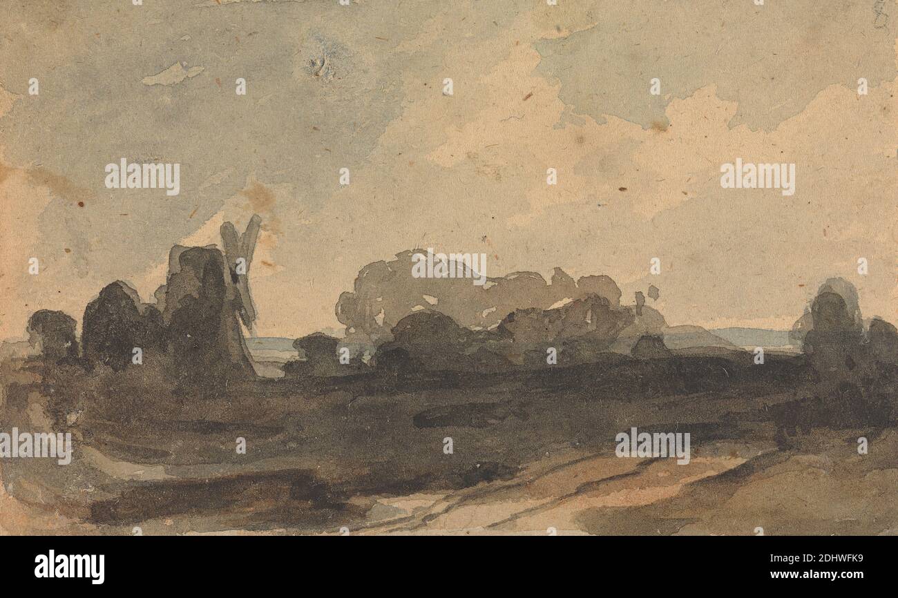 Landschaft mit Bäumen und Windmühle, Thomas Sully, 1783–1872, amerikanisch, undatiert, Aquarell auf Medium, mäßig strukturiert, beige, Webepapier, Blatt: 2 5/8 × 4 1/4 inches (6.7 × 10.8 cm Stockfoto